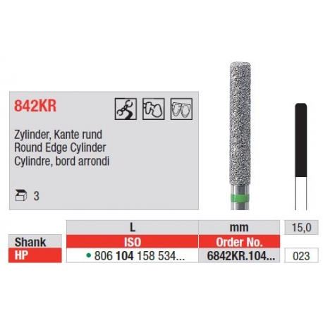Freze Diamant Cilindru cu Margini Rotunjite HP 6842KR - 3 buc. 
