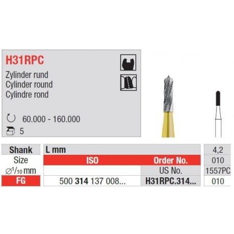 Freze TC Burs FG  H31RPC PowerCut cu cap cilindru rotund