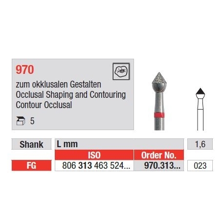 Freze Diamant pentru modelare si conturare ocluzala FG 970 - 5 buc. 