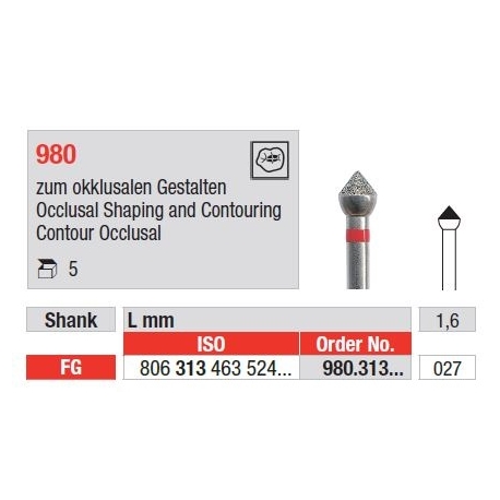 Freze Diamant pentru modelare si conturare ocluzala FG 980 - 5 buc. 