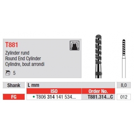 Freze Diamant Cilindru cu Varf Rotunjit FG T881 - 5 buc. 