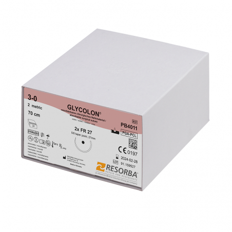 Fir sutura PGA Glycolon 3/0 HRT18 cu ac de 18mm ½ sectiune rotunda varf triunghiular Resorba