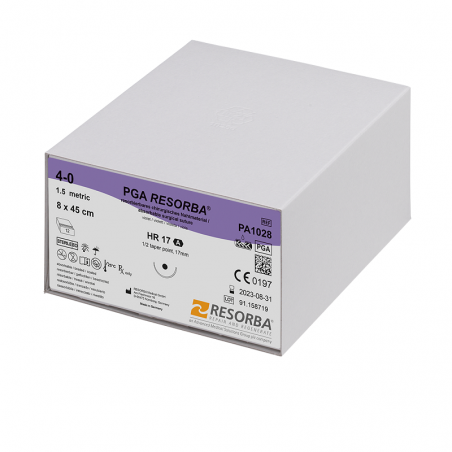 Fir sutura PGA Resorba 3/0 HRT18 cu ac de 18mm ½ sectiune rotunda varf triunghiular