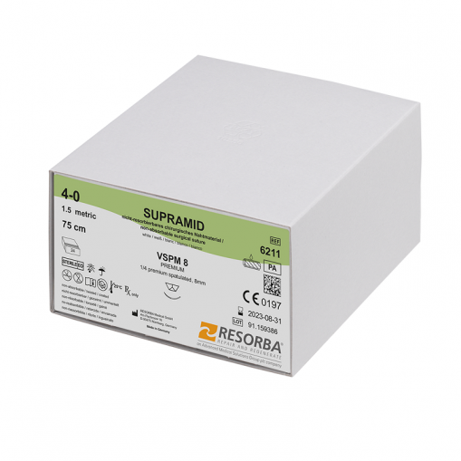 Fir sutura poliamida Supramid 4/0 DS18 cu ac de 18mm ⅜ sectiune triunghiulara Resorba